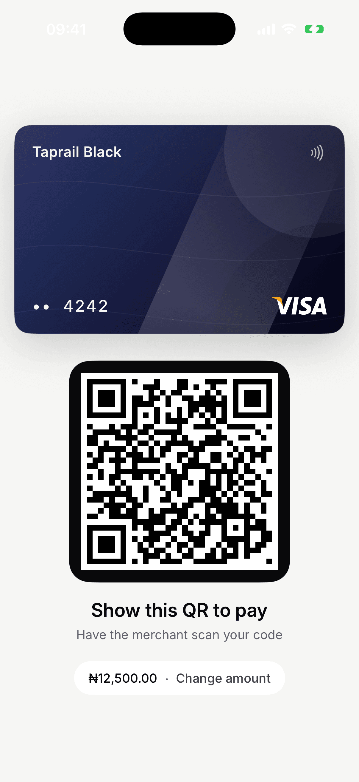 Taprail iPhone simulator showing the live QR Pay Mode for presenting to a merchant