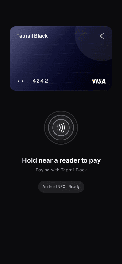 Taprail Android Pay Mode showing an NFC-ready card and a prompt to hold the phone near a reader